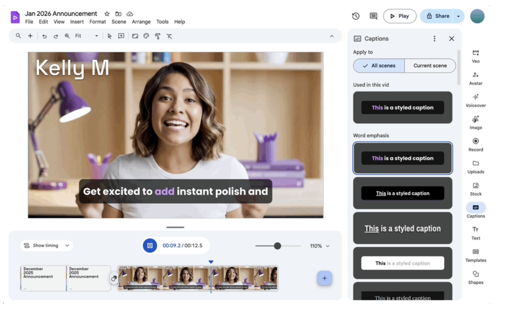 Presis - Google Vids functies Gestylede ondertiteling